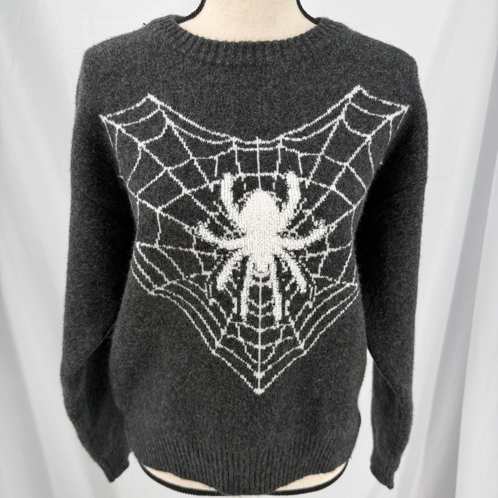 NuYo Womens Spider Web Heart Knit Sweater Charcoal Gray Gothic Halloween Size M